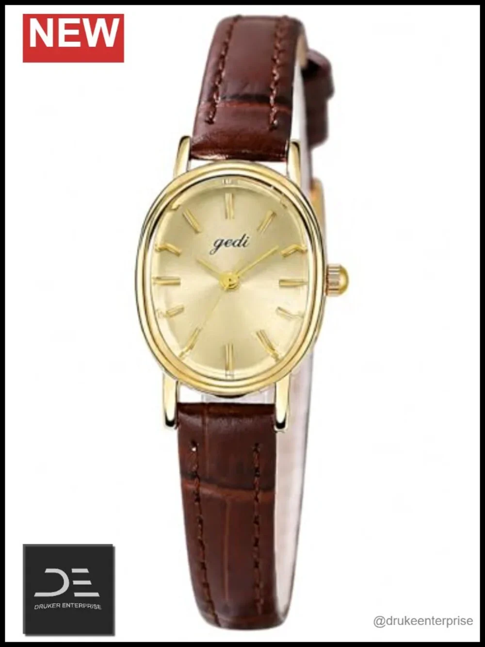 Elegant Oval Dial Quartz Watch with Leather Strap - Water Resistant